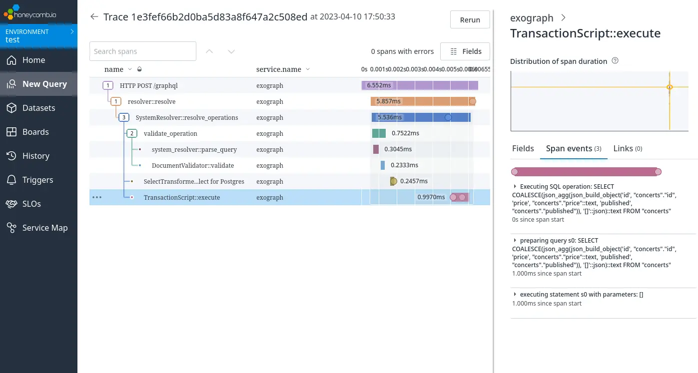 Trace for an Exograph query shown in the Honeycomb UI